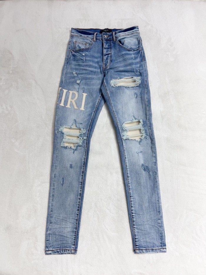 1:1 quality version White lettering embroidered leather patch jeans