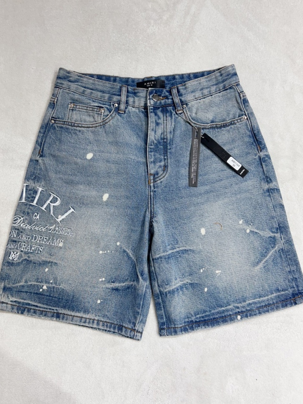 1:1 quality version monogrammed logo embroidered white ink dot printed denim shorts