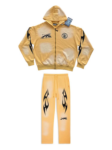 1:1 quality version Washed Version Yellow Big Logo Zip hoodie & pants set