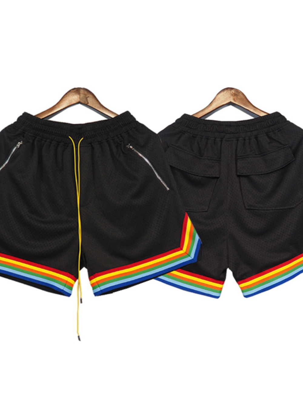 rainbow print zipper pocket sports shorts