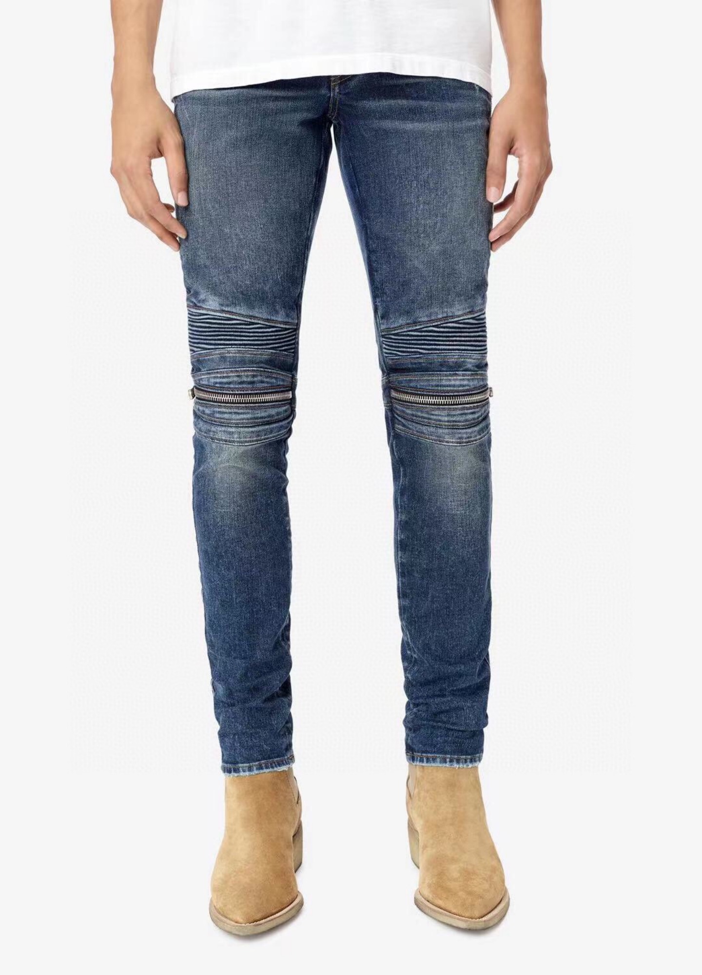 [buy more save more]knee double zip blue distressed jeans