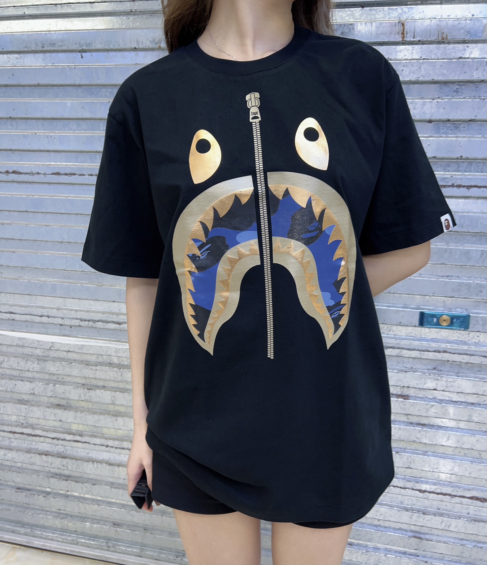 1:1 quality version classic shark head hot gold colour block zip print tee 3 styles