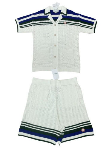 1:1 quality version Stripe Embroidery Cutout Knit Polo Shirt & Shorts Set