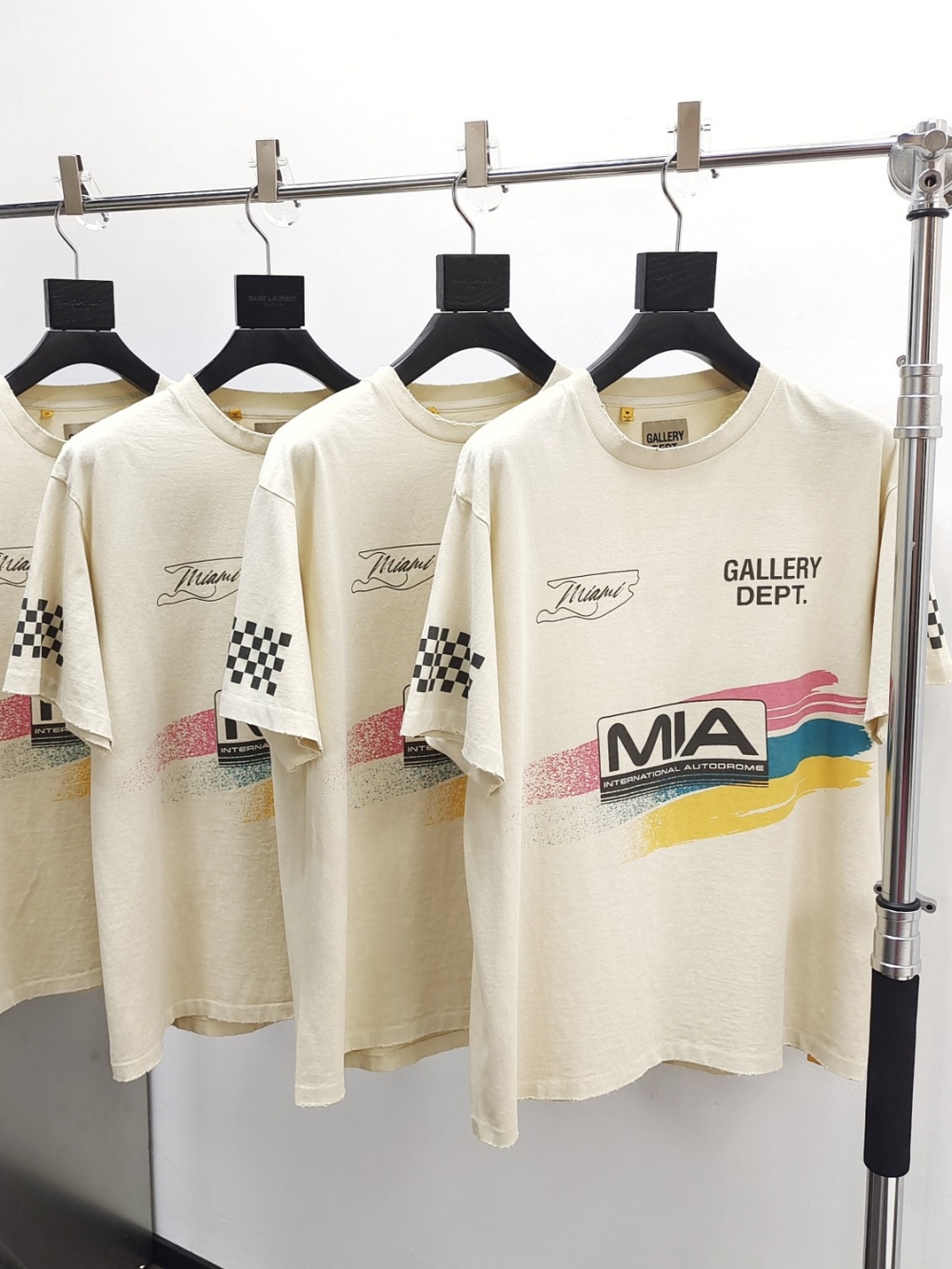 1:1 quality version mia racing flag plaid tricolour stripe foiled letter print tee