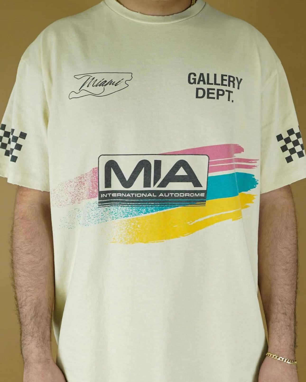 1:1 quality version mia racing flag plaid tricolour stripe foiled letter print tee