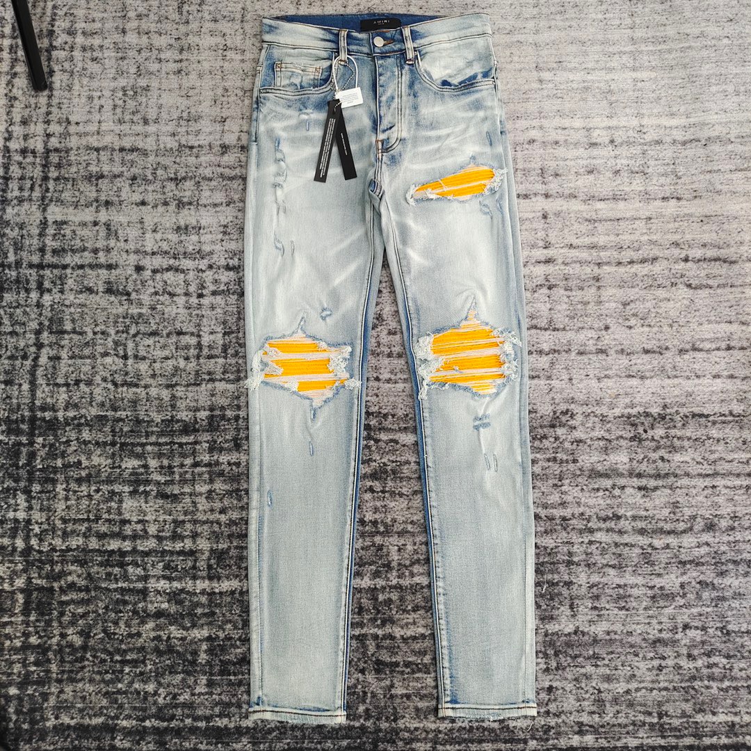 1:1 quality version bright yellow patched ripped jeans