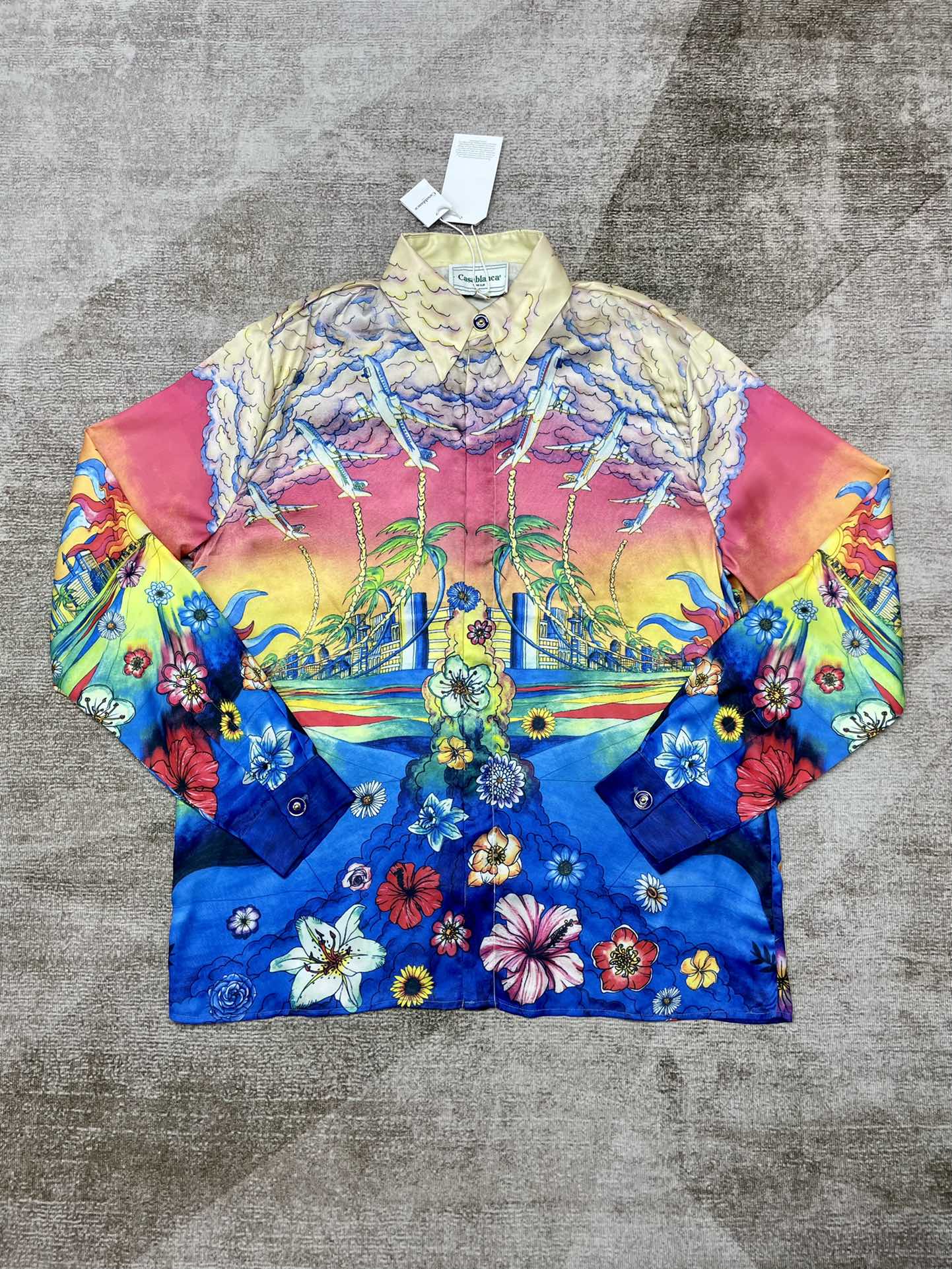 1:1 quality version aviation urban print silk cuban collar long sleeve shirt