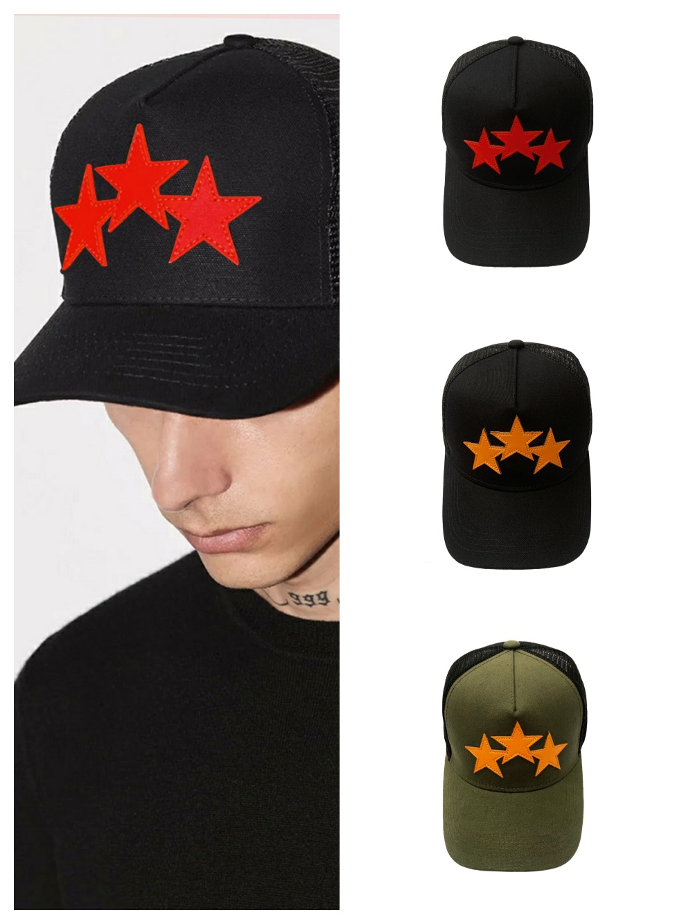 five-pointed star leather canvas mesh cap 3 colors