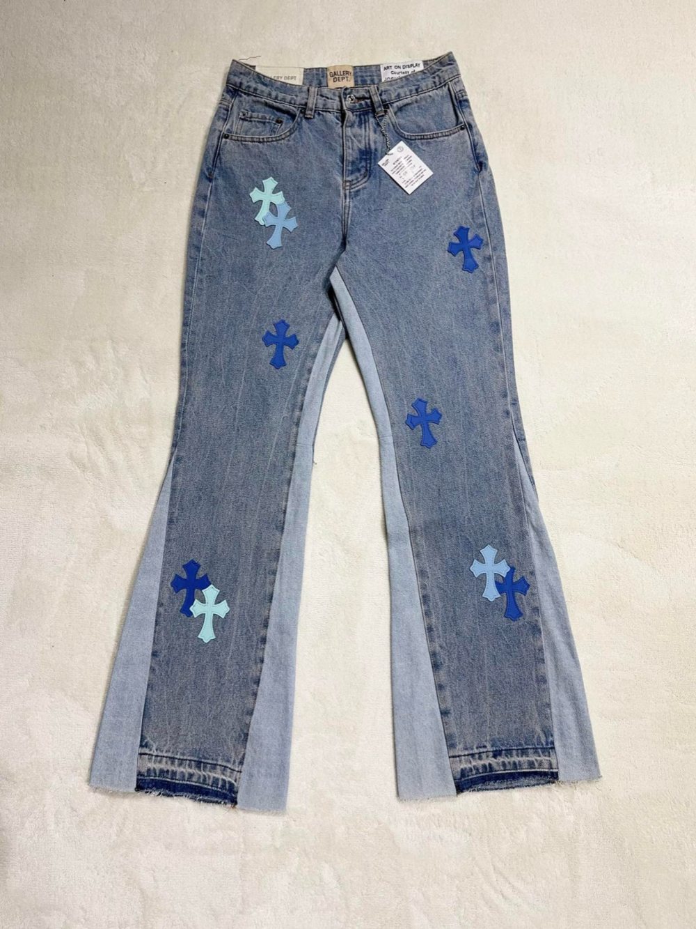 1:1 quality version leather cross patchwork flared jeans