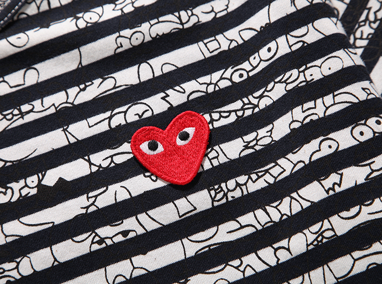 1:1 quality version full printed black graffiti stripe red heart embroidered tee 2 colors