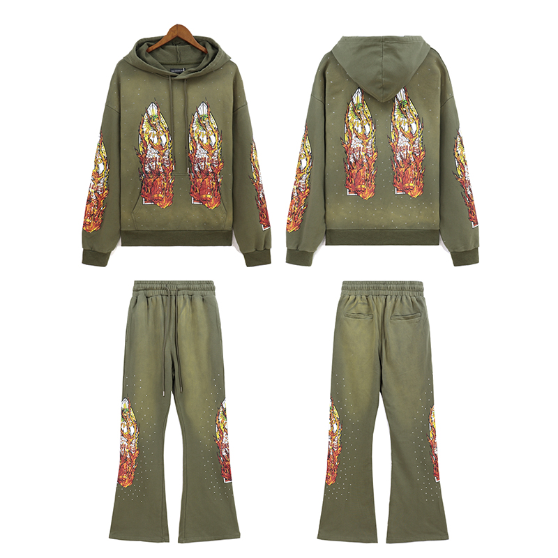 flame letter print washed version hoodie & pants set 5 colors【no rhinestones】