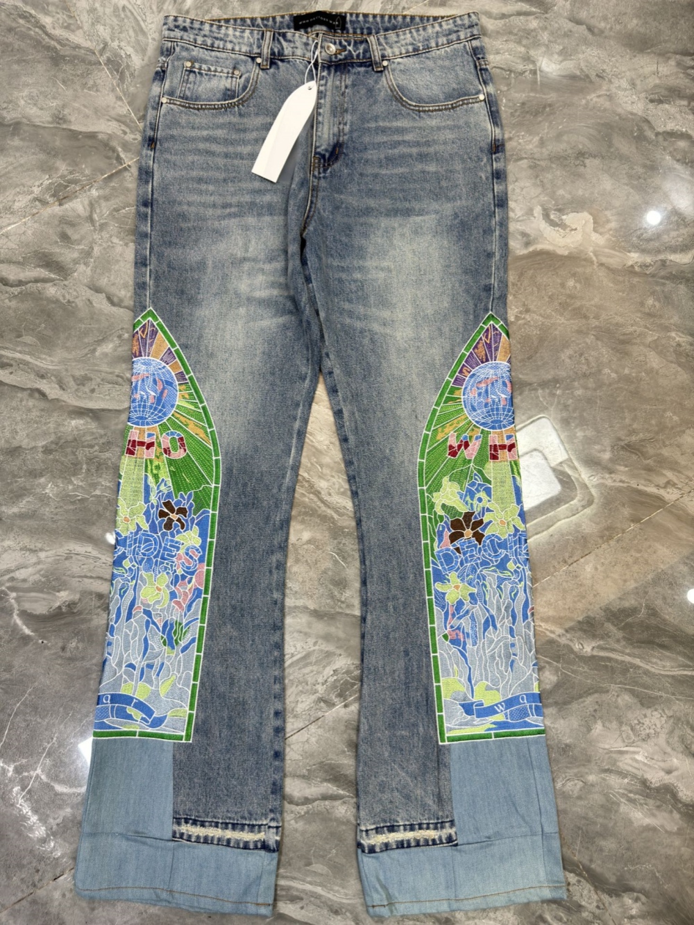 1:1 quality version heavy crafted colorful floral monogram embroidered patchwork jeans