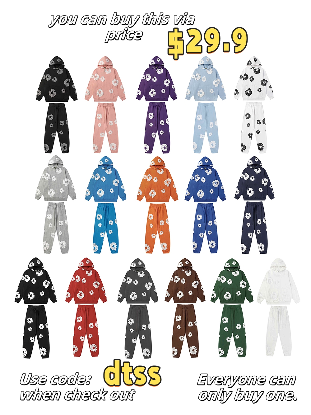 basic kapok foam print hoodie & pants 16 colors