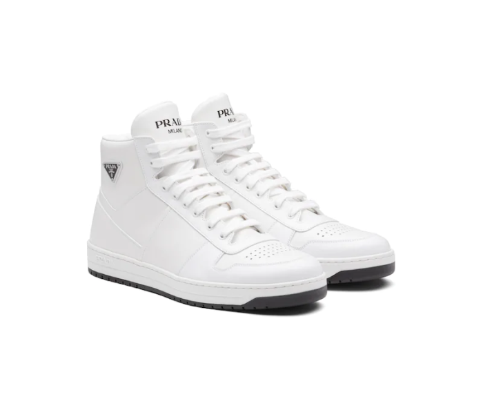 Designer Leather Sneakers High-Top Sneakers Are Accented With Different Interpretations Of The Designer Logo That Appears On The Tongue Along The Light Rubber Sole And As a Rubber Triangle Decorating The Side Of The Ankle