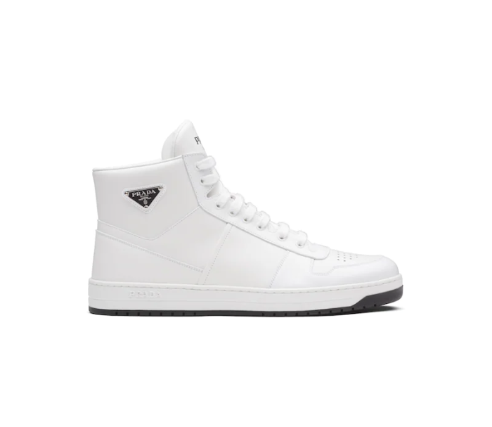 Designer Leather Sneakers High-Top Sneakers Are Accented With Different Interpretations Of The Designer Logo That Appears On The Tongue Along The Light Rubber Sole And As a Rubber Triangle Decorating The Side Of The Ankle