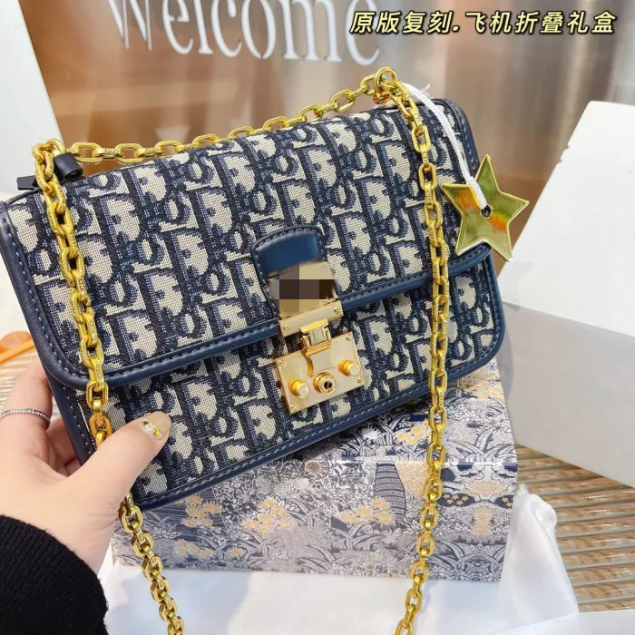 Designer Blue Jacquard Vintage Hardware Chain Bag handbag