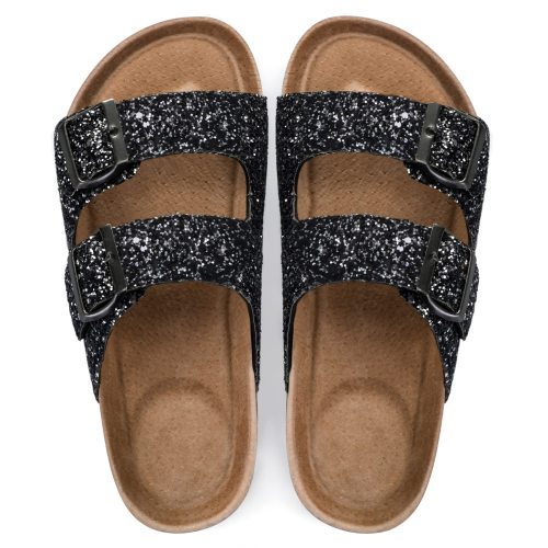 Womens Slide Sandals-Black Glitter