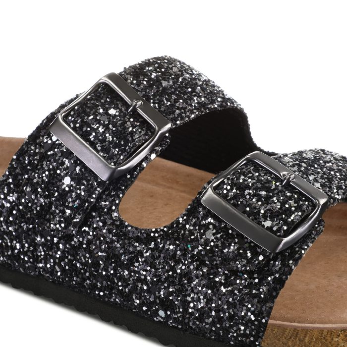 Womens Slide Sandals-Black Glitter