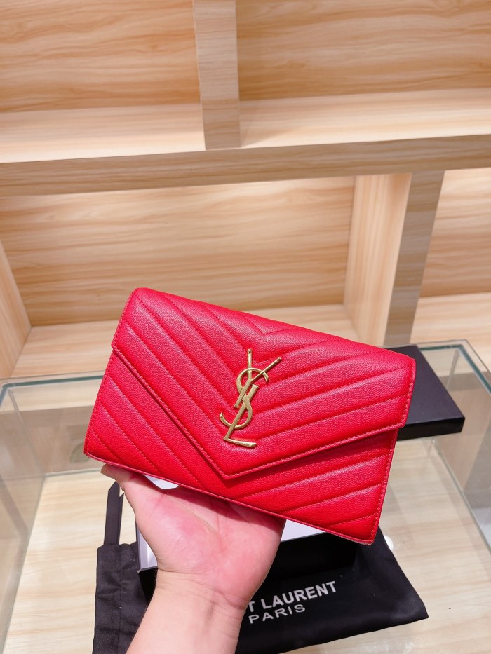 SAINT LAURENT Designer Handbag Clutch Letter logo grained embossed leather chain wallet YSL women Messenger bag