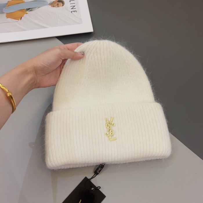Yves Saint Laurent Rabbit Fur Knitted Hat Winter Versatile Wool Hat YSL Warm Knitted Hat Ear Protection Ski Cold Hat