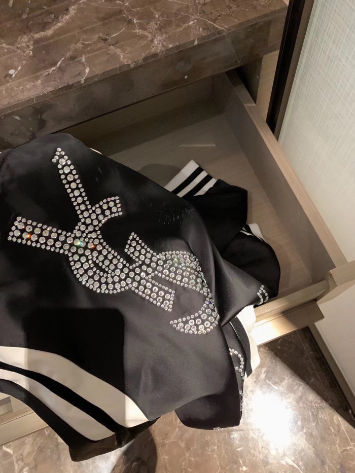 Yves Saint Laurent letter logo sparkling rhinestone heavy industry ironing drill collar cuffs hem custom thread stitching hit color YSL baseball jacket