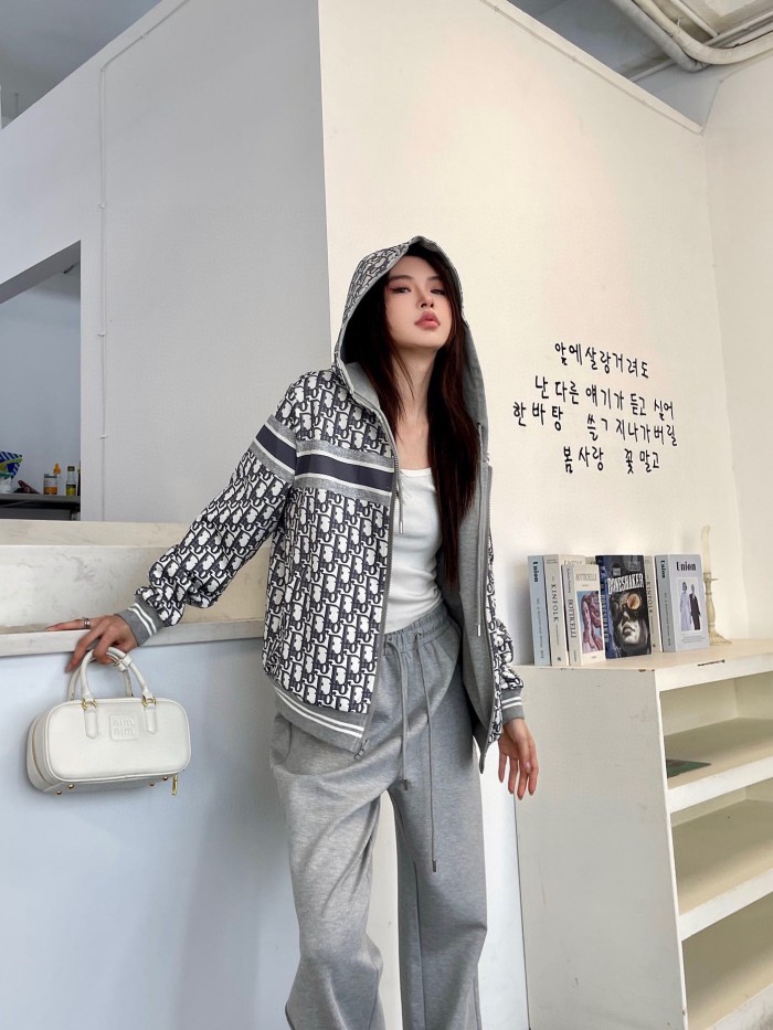 Dior presbyopic letters full of logo printing front and back two-wear design hooded zipper cardigan jacket drawstring elastic waist casual trousers