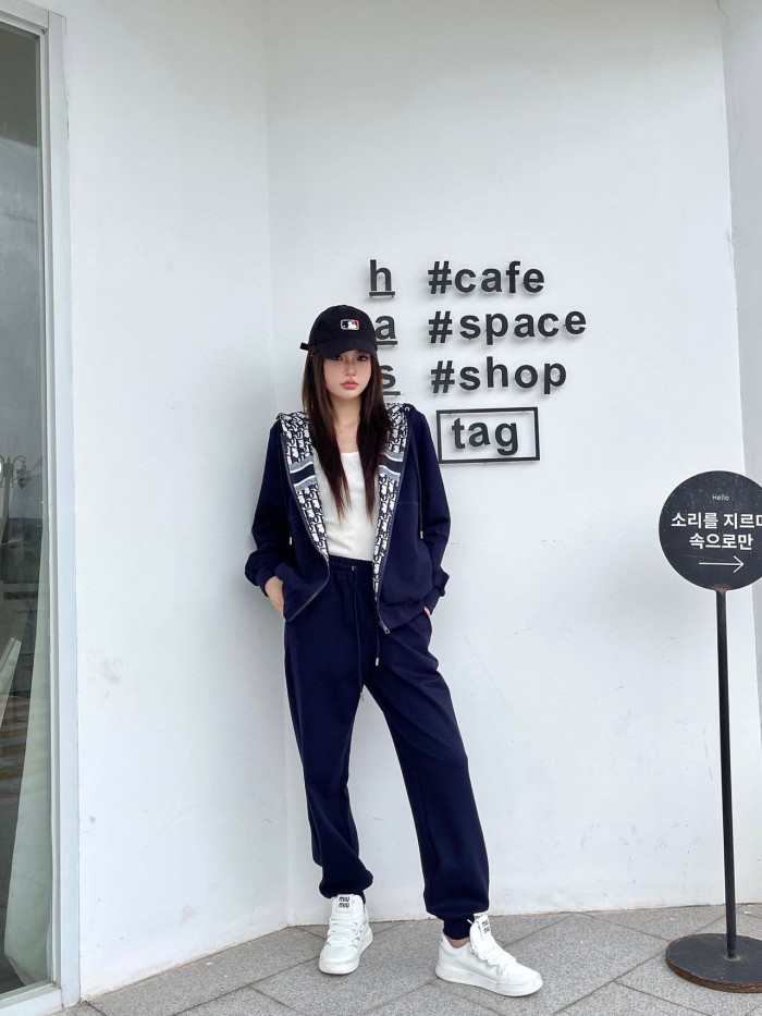 Dior presbyopic letters full of logo printing front and back two-wear design hooded zipper cardigan jacket drawstring elastic waist casual trousers