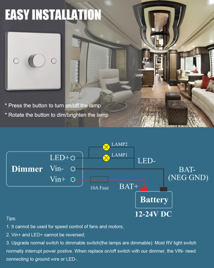12 Volt DC Dimmer Switch for LED, Halogen, Incandescent - RV, Auto