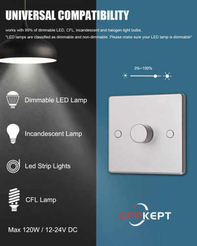 OPPKEPT 12V RV Dimmer Switch, Upgrade 12/24 Volt DC PWM Dimmer for LED Interior Lights, Halogen, Incandescent, Used for RV, Auto, Camper, Truck, Marine, Boat and Strip Lighting (High Side, Sliver)