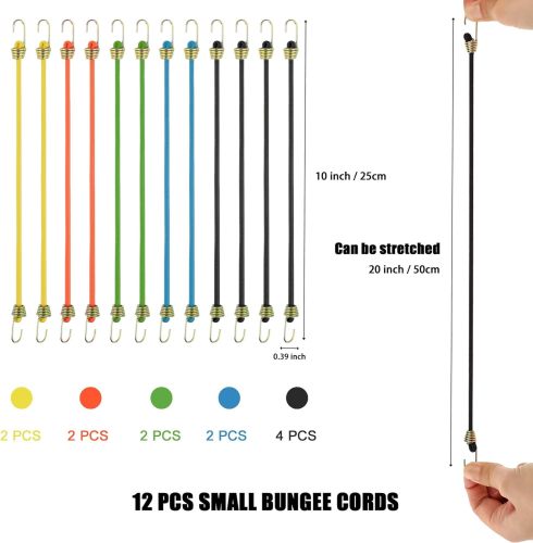 OPPKEPT Small Bungee Cords with Hooks 12 Pack, 25cm Mini Adjustable Rubber Stretchy Heavy Duty Short Elastic Bungee Cord for Luggage Roof Rack Hang Outdoor Tent Tarp Bike Car RV Camping Tool Cargo Accessory