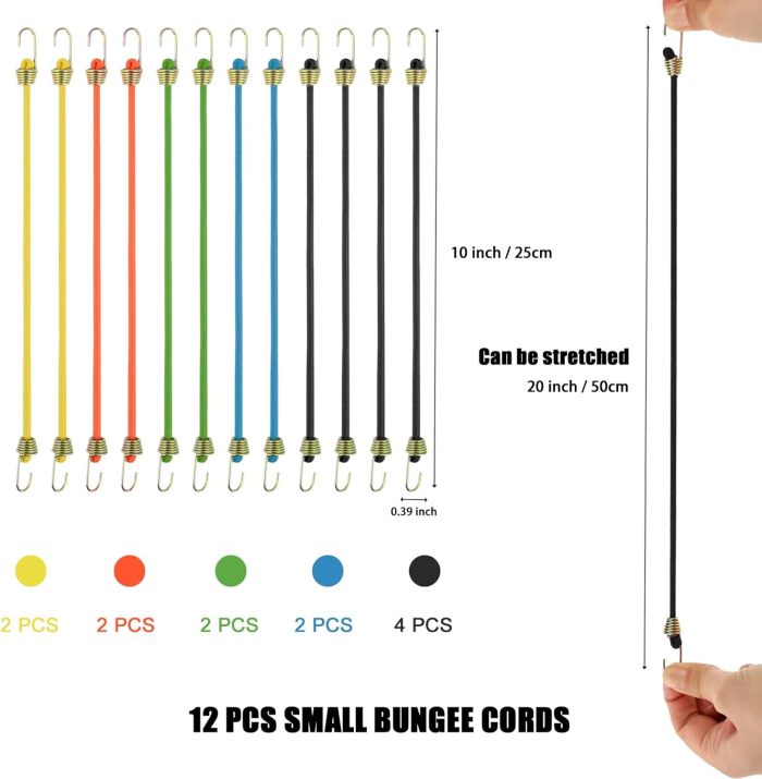 OPPKEPT Small Bungee Cords with Hooks 12 Pack, 25cm Mini Adjustable Rubber Stretchy Heavy Duty Short Elastic Bungee Cord for Luggage Roof Rack Hang Outdoor Tent Tarp Bike Car RV Camping Tool Cargo Accessory