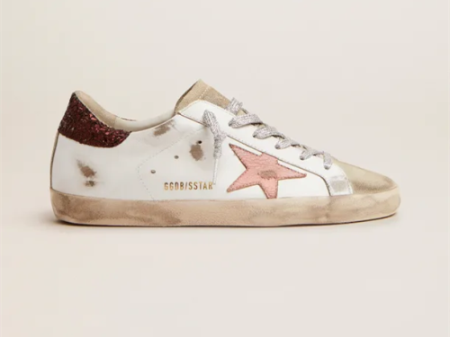GOLDEN GOOSE Super-Star sneakers with brown glitter heel tab and pink crackled leather star