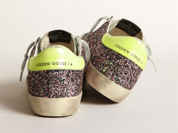 GOLDEN GOOSE Super-Star sneakers in gray and pink glitter with ice-gray suede star and fluorescent yellow leather