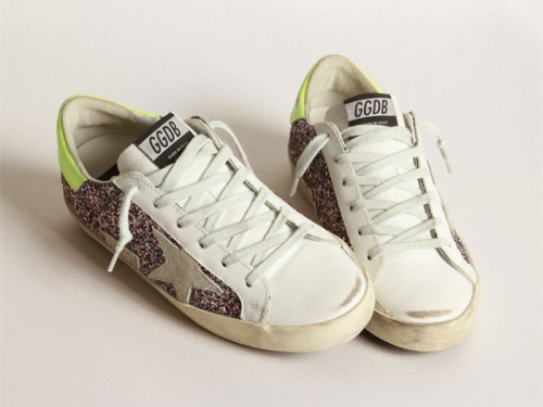 GOLDEN GOOSE Super-Star sneakers in gray and pink glitter with ice-gray suede star and fluorescent yellow leather