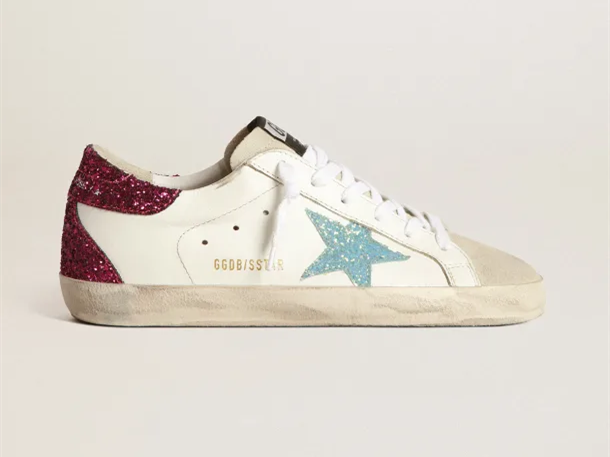 GOLDEN GOOSE Super-Star sneakers with light blue glitter star and purple glitter heel tab