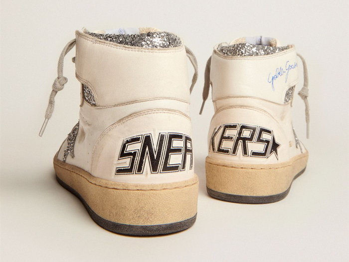 GOLDEN GOOSE Sky-Star sneakers with signature on the ankle and silver glitter inserts