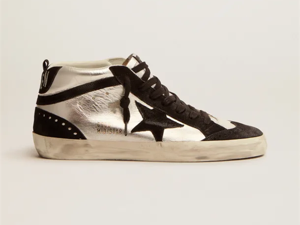 GOLDEN GOOSE Mid Star LTD sneakers in silver laminated leather and black suede