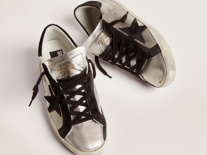 GOLDEN GOOSE Women's Super-Star in silver leather with contrasting inserts