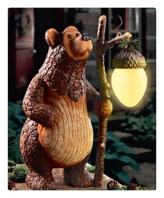 Custom Garden Bear statue in Tree Bark textured with Solar Lantern 9.5 H