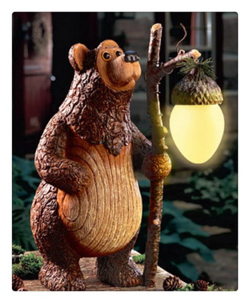 Custom Garden Bear statue in Tree Bark textured with Solar Lantern 9.5 H