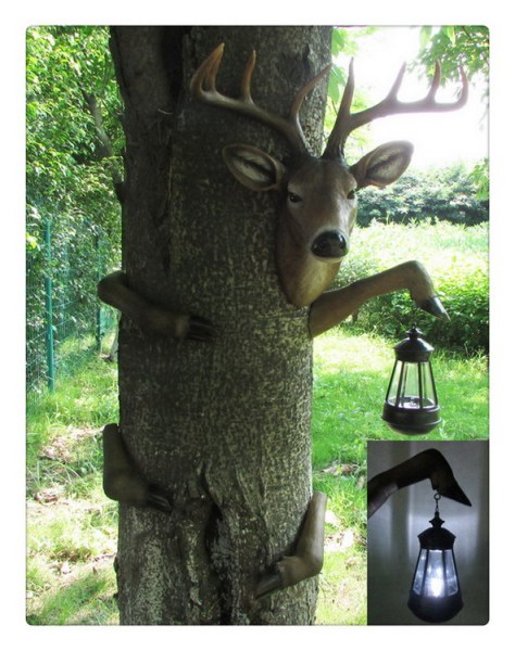 Custom Garden Deer Tree Hugger with Solar Lantern 22 H