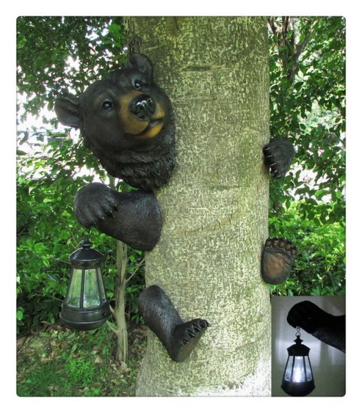 Custom Garden Bear Tree Hugger with Solar Lantern 20 H
