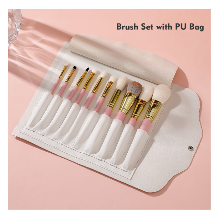 2023 New Brand 10 Pcs Goat Hair Brush Makeup Pink and White Hair Makeup Brushes Set with Easily Grasp Powder Function