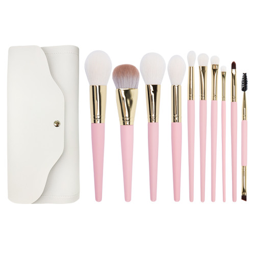 2023 New Brand 10 Pcs Goat Hair Brush Makeup Pink and White Hair Makeup Brushes Set with Easily Grasp Powder Function