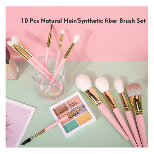 2023 New Brand 10 Pcs Goat Hair Brush Makeup Pink and White Hair Makeup Brushes Set with Easily Grasp Powder Function