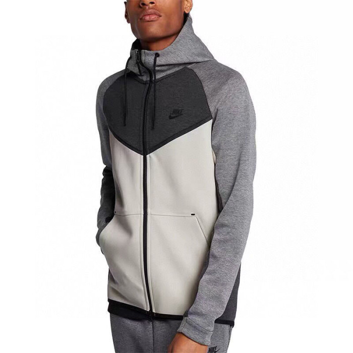 Tech fleece zipper logo hoodie black grey-拼色拉链连帽卫衣