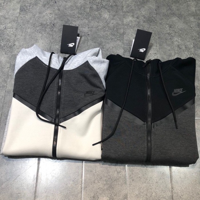 Tech fleece zipper logo hoodie black grey-拼色拉链连帽卫衣