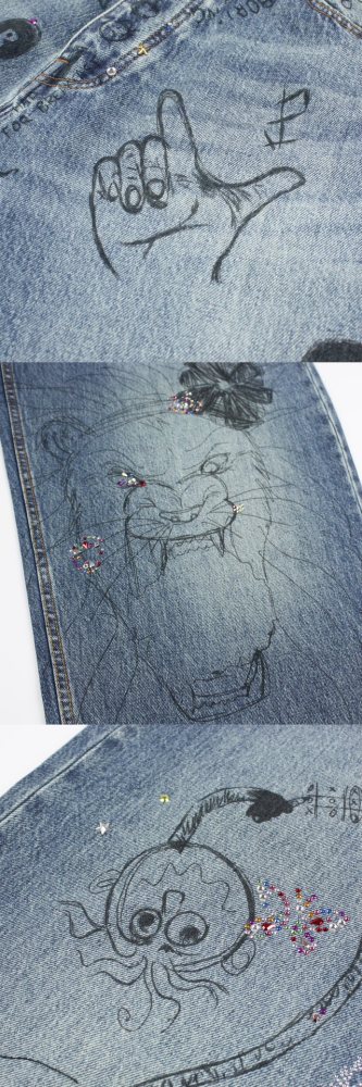 1:1 quality version Hand-painted graffiti rhinestone jeans