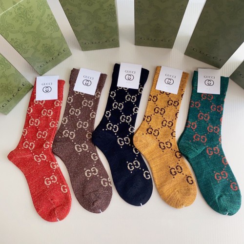 Letter logo gold silk mid-length socks 5 pairs in 1 box