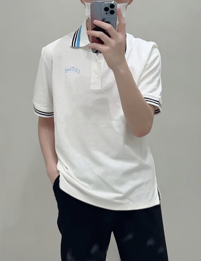 1:1 quality version Striped Colorblock Embroidered Letter Short Sleeve Tee